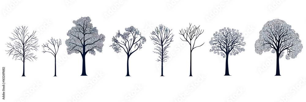 Aufkleber vector set of detailed minimalist silhouette tree line drawings with bare branches and full foliage 
