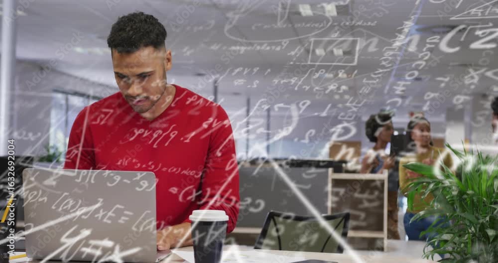 Aufkleber analyst typing on laptop showing floating formulas reading papers answering query in tech office