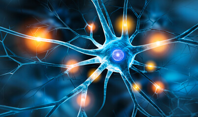 Single active nerve cell with illuminated connections - 3D illustration