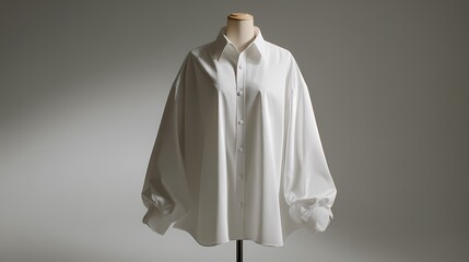 Oversized white shirt is displayed on a mannequin. Ideal for fashion marketing, web design, and apparel concepts.
