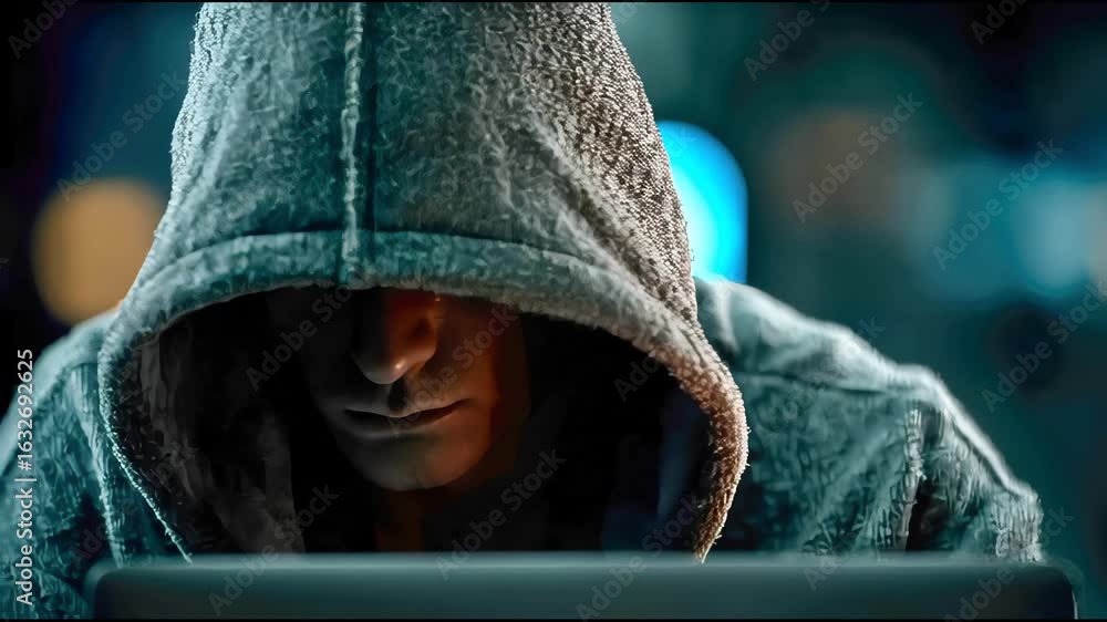 Poster hacker in a dark hoodie working in front of a computer, representing cybercrime, hacking, and digita
