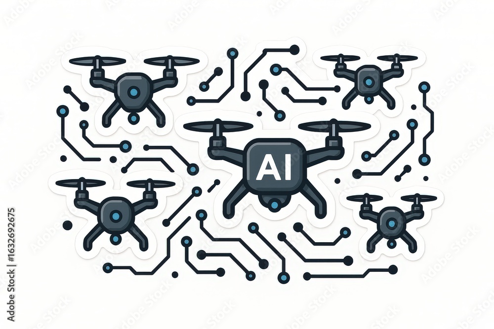 Poster ai-powered drones connected through intricate circuitry showcasing the future of technology innovati