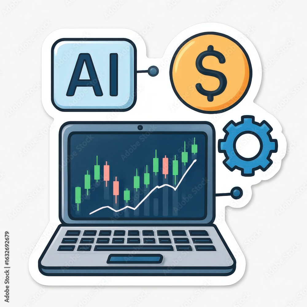Poster ai-driven financial evolution showcasing robust economic trends on a laptop display illustrating inn