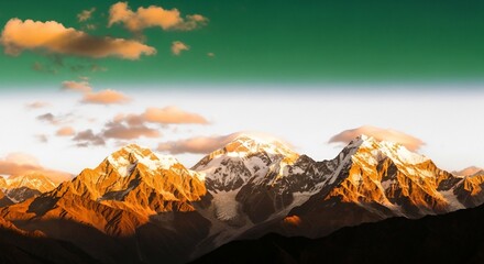 Majestic snowy peaks bathed in golden light under a surreal green sky.