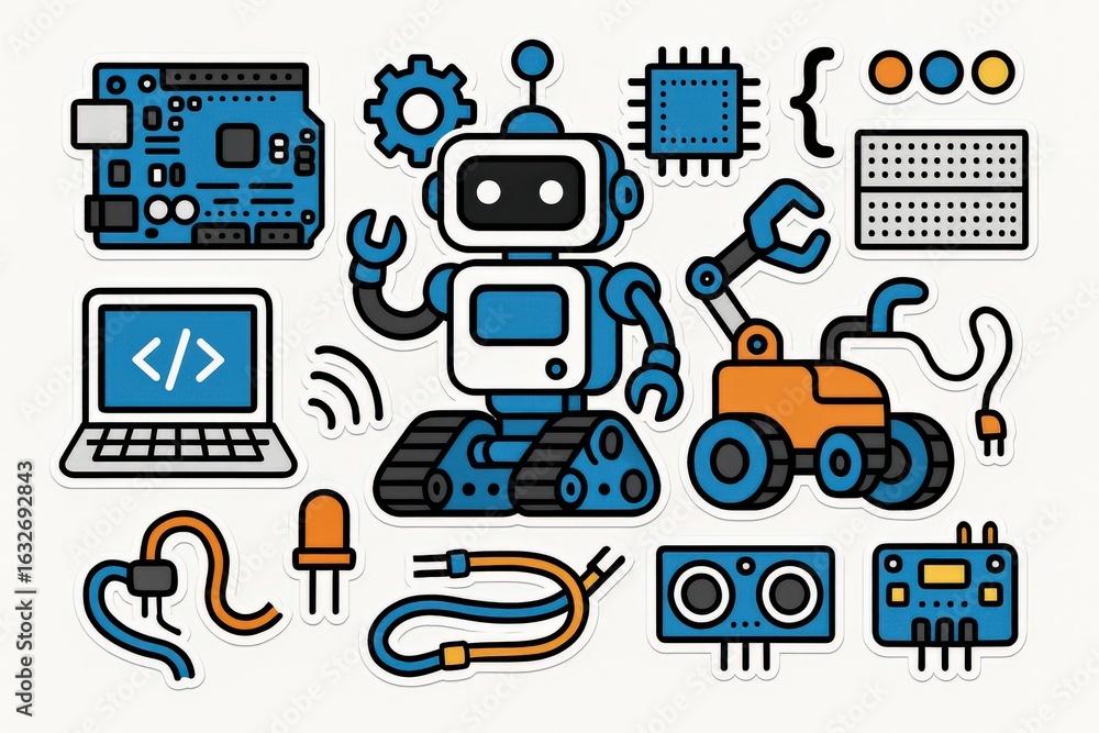 Poster engaging robot character surrounded by microcontroller chip, laptop, connecting wires, and technical