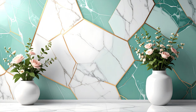 Luxury Floral Interior with Geometric Marble Wall - Powered by Adobe