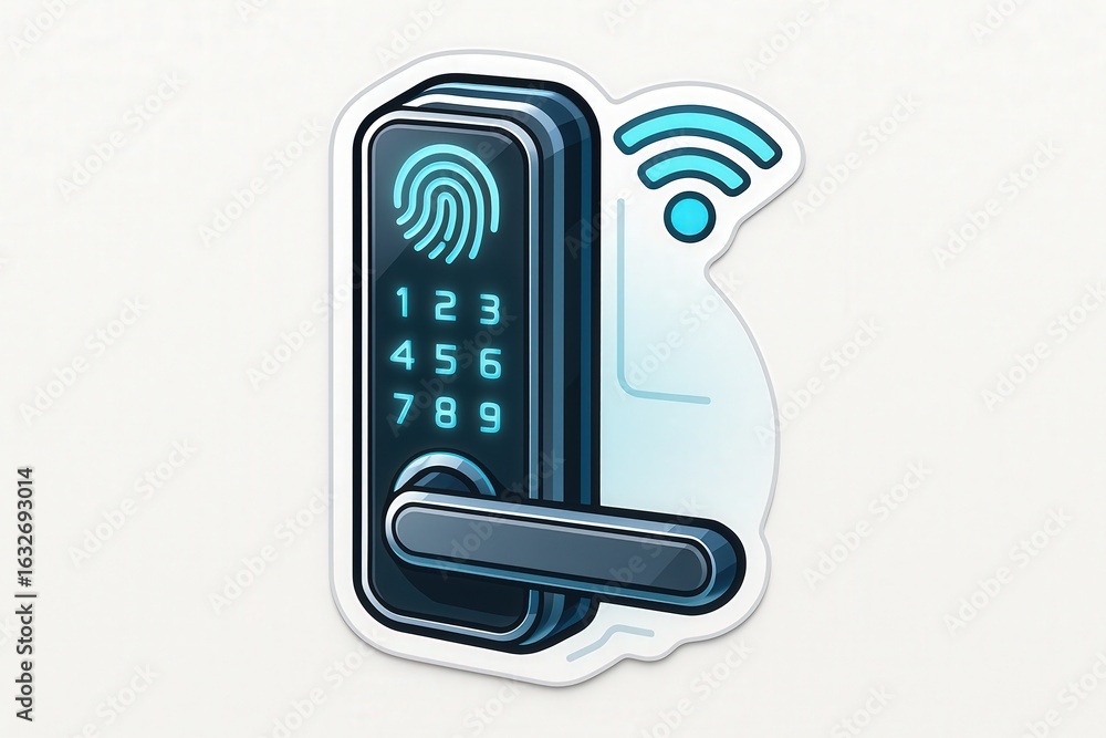 Poster smart lock technology featuring fingerprint recognition touchpad and wireless connectivity reflectin