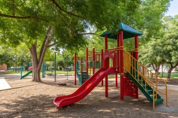 Vibrant red and yellow playground structure with slides and swings under lush green trees