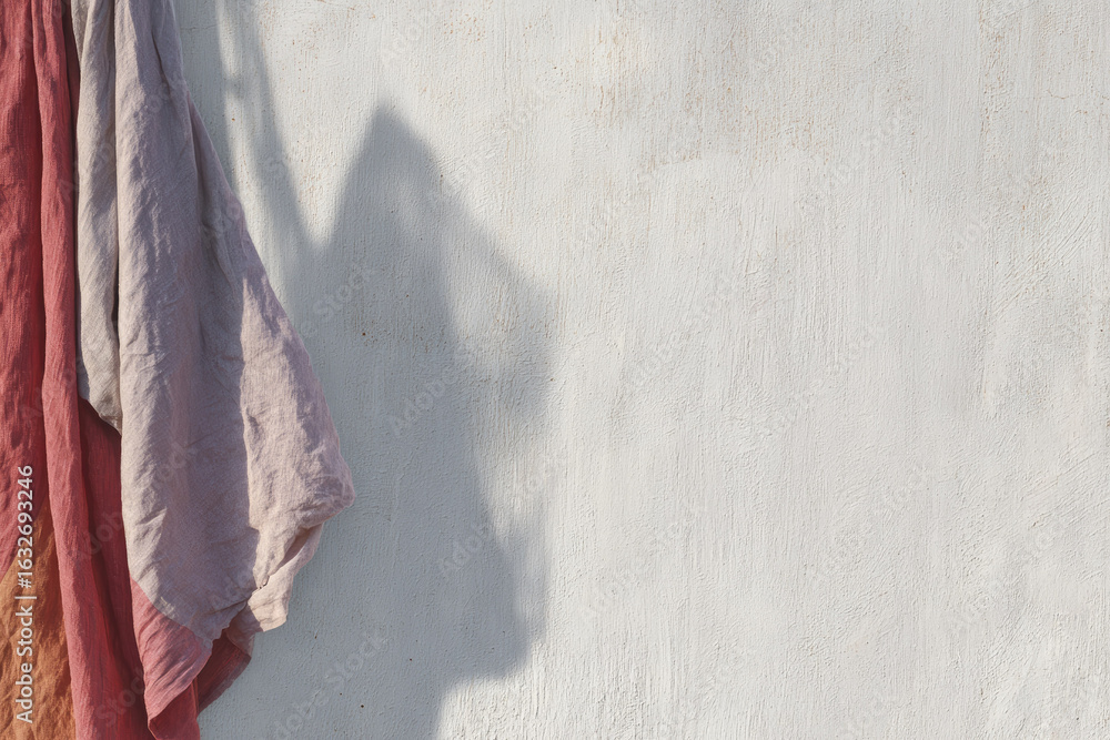 Poster soft fabric drapes in gentle folds casting layered shadows on textured white wall, creating calm and
