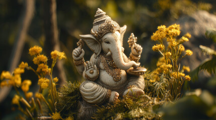 Fototapeta premium Beautiful Lord Ganesha statue surrounded by vibrant flowers and a diya during the festive season of Diwali