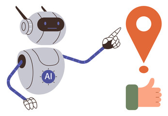 AI robot pointing to location pin with thumbs-up hand. Ideal for navigation, innovation, artificial intelligence, smart systems, technology, robotics, digital approval. Simple flat metaphor