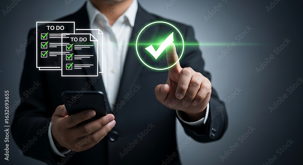 Poster businessman touching a digital interface with a todo list and a checkmark, symbolizing task completi