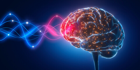 Medical illustration of human brain with with waves and electric pulses on dark blue background - 3D illustration