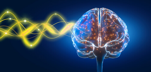 Medical illustration of human brain with with waves and electric pulses on dark blue background - 3D illustration