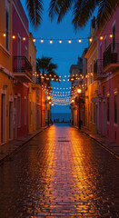 Fototapeta premium A wet cobblestone street lined with colorful buildings and illuminated by string lights at dusk