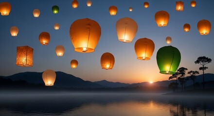 Obraz premium Glowing Sky Lanterns Floating Over a Tranquil Lake at Sunset