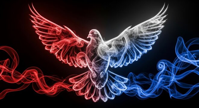 Majestic dove formed from swirling red, white, and blue smoke against a dark background