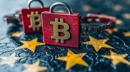 Red padlocks with bitcoin symbols on a textured surface of stars.