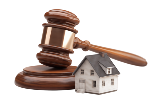 Wooden gavel and miniature house isolated on transparent background