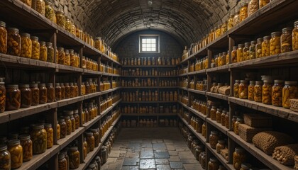 Fototapeta premium Old stone cellar with wooden shelves of glass jars filled with pickled vegetables Generative AI