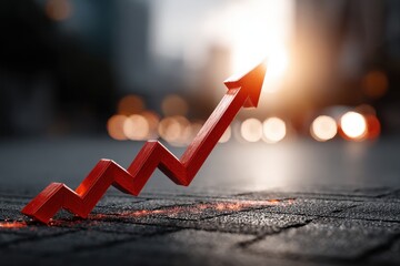 Growth chart shows increasing profits over time against city skyline at sunset