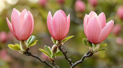 Obraz premium Three delicate pink magnolia blossoms in spring.