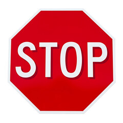 Red octagonal stop sign with white border and white lettering, isolated on transparent background