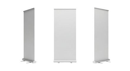 Three views of a blank roll up banner stand isolated on transparent background