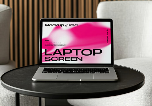 Laptop Screen Mockup on Black Round Table with Wood Slat Wall