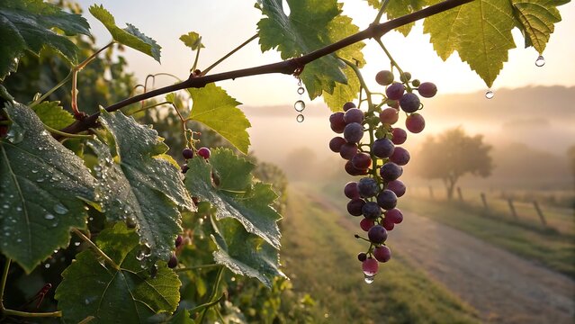 Dew drops on ripe grapes in a misty vineyard at sunrise