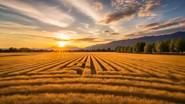 August sunrise over a vast golden wheat field with intricate patterns and mountains