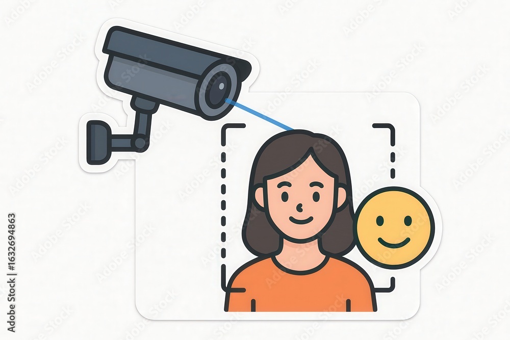 Poster monitoring facial recognition technology enhances security measures with a smiling individual emphas