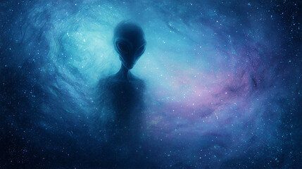 Silhouette of grey alien dissolving into starry galaxy nebula. Wallpaper. Ai gen.
