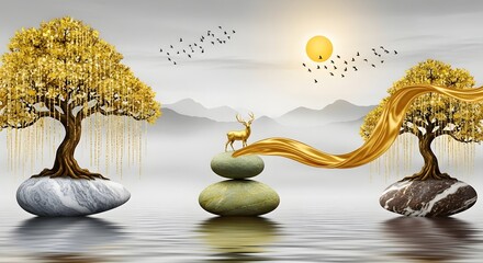 Golden deer landscape tree sun birds water stones zen art nature serenity peaceful scene decor
