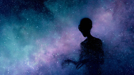 Silhouette of grey alien dissolving into starry galaxy nebula. Wallpaper. Ai gen.

