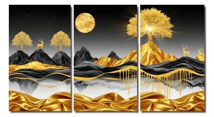 Golden deer landscape wall art canvas print golden tree moon mountain home decor modern abstract
