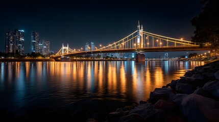 Modern Suspension Bridge Illuminated at Night with City Reflections