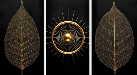 Golden leaf vein art design background with circle and lines elegant nature botanical style