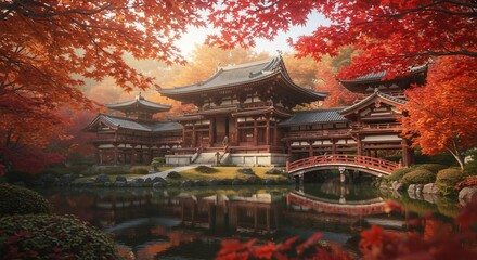 紅葉輝く寺院の静寂な朝、水面に映る幻想的な風景