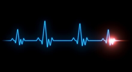 Blue neon heartbeat line on black background with red pulse