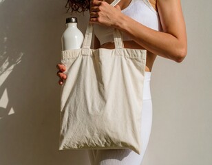A fit woman wearing a stylish fitness outfir and totebag