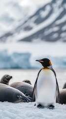 Fototapeta premium Majestic Emperor Penguin Standing Among Seals on Icy Landscape