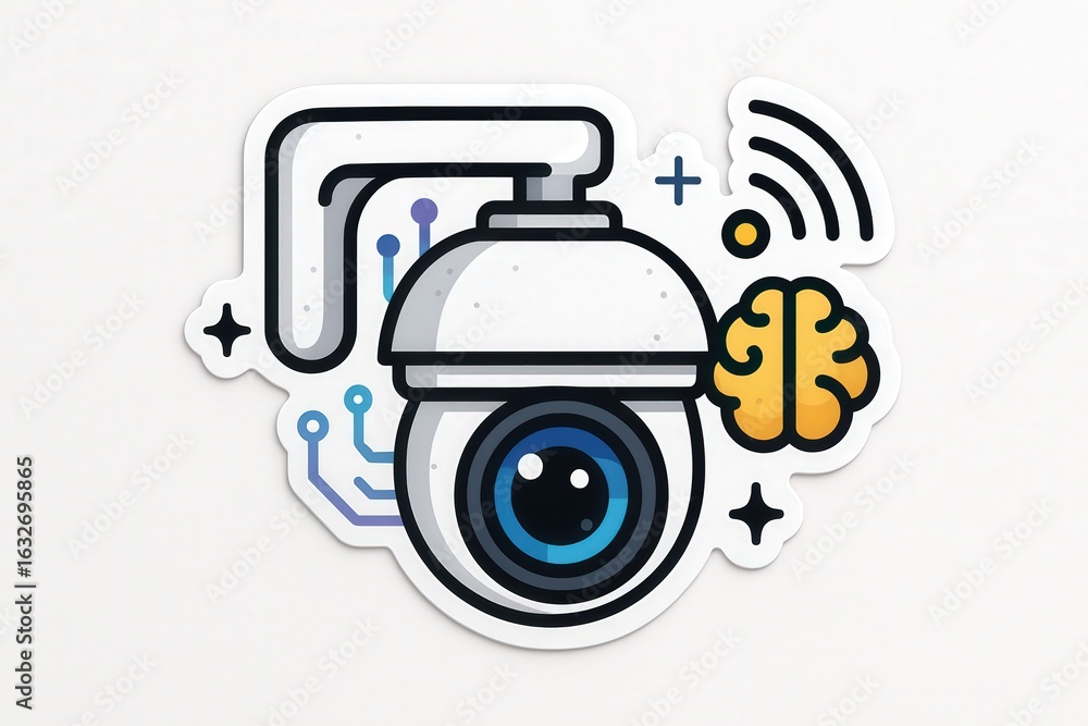 Poster innovative surveillance camera concept digitally integrating artificial intelligence with striking o