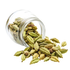 Green cardamom pods spilling from glass jar, isolated on transparent background