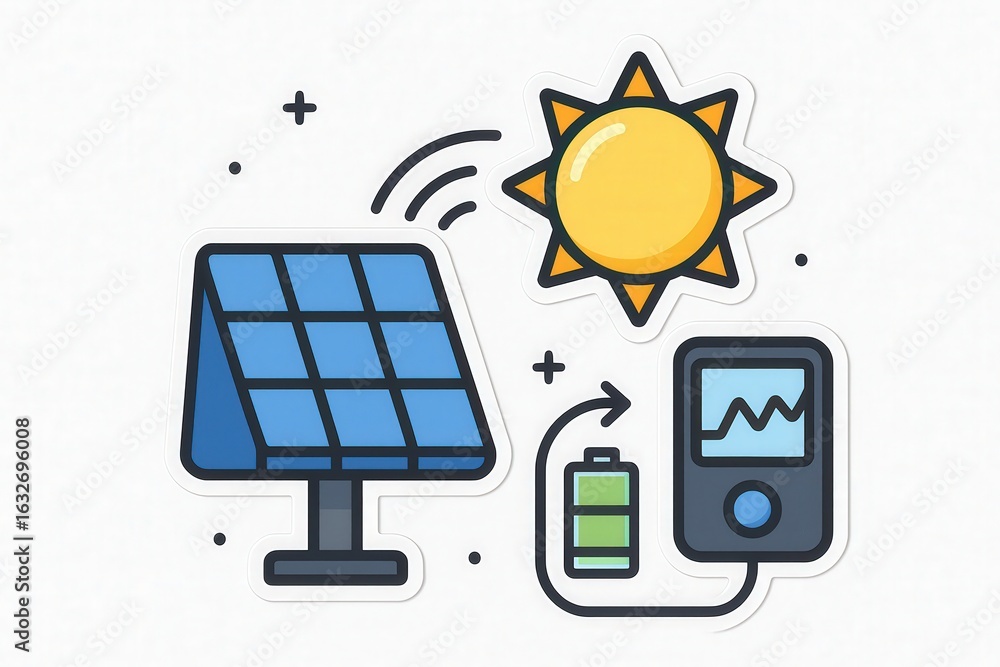 Aufkleber innovative solar panel technology visualized with a bright sun and energy metrics reflecting sustain