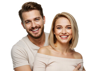 A smiling man with blonde hair embraces a happy woman with light brown hair, both radiating love PNG.
