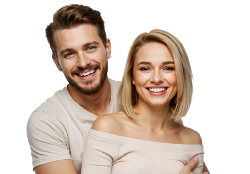 A smiling man with blonde hair embraces a happy woman with light brown hair, both radiating love PNG. - Powered by Adobe