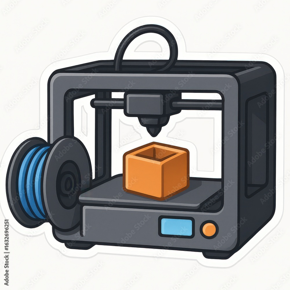 Poster advanced 3d printer designed for precision fabrication producing a solid orange cube showcasing the 