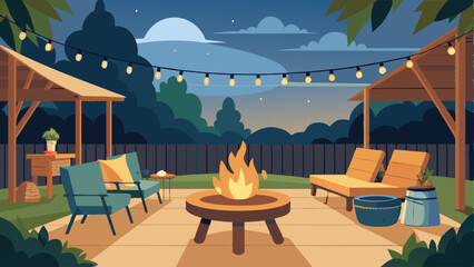 Fototapeta premium An outdoor patio with a mix of wooden and metal furniture string lights and a fire pit for cool evenings.