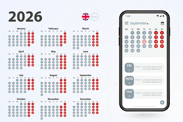 Calendar app for Cell phone, vector calendar 2026 week stars from Monday.